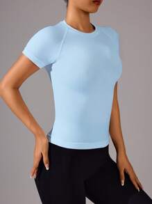 SHEIN Sovereign Charm 女士纯色圆领插肩袖日常健身运动 T 恤，无缝修身衬衫健身衫