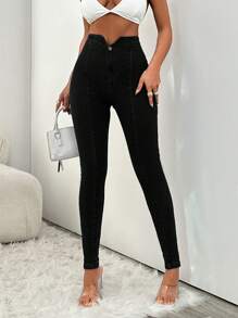 EURMUSE Jeansy damskie Petite 97% bawełny, z wysokim stanem i wąskim krojem, z rozcięciem