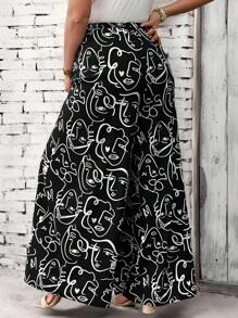 SHEIN LUNE Plus Size Casual Allover Print Wide Leg Pants - Black - View 2