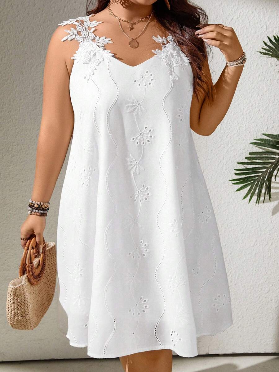 SHEIN LUNE Plus Size Women's Spring/Summer V-Neck Floral Lace Splicing Sleeveless Straight A-Line Dress, Elegant Resort/Casual Daily Wear, Fashionable And Versatile Loose Fit