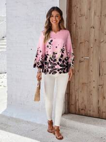 EMERY ROSE 女式植物印花拱形下摆九分袖宽松衬衫，秋季