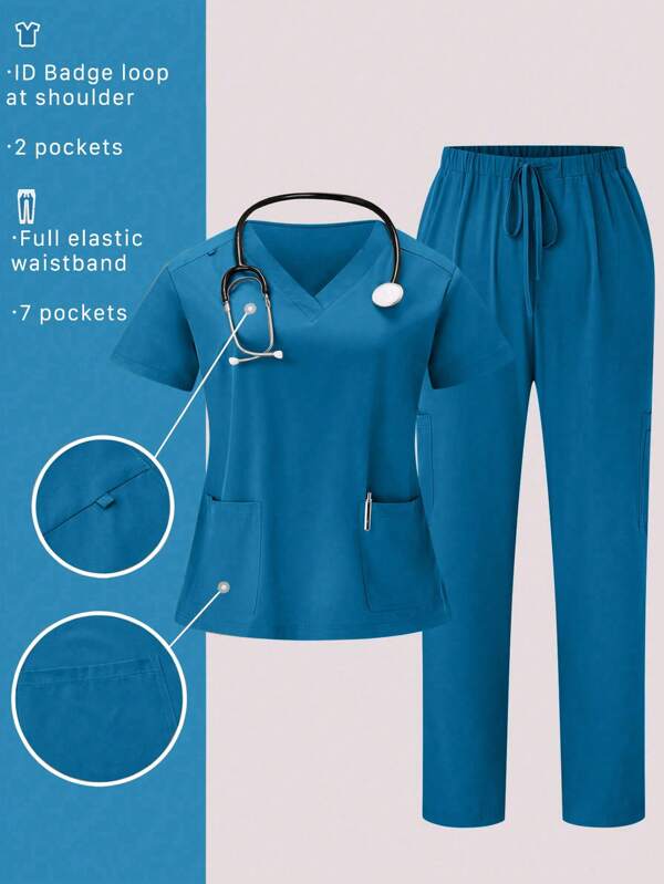 TaskEZ Plus Size Women V-Neck Short Sleeve Pocket Top And Pants Uniform Sets Scrub Set