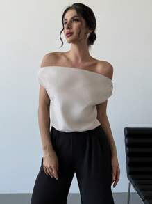 Firerie 亚麻不对称肩部短款抽绳下摆休闲衬衫，优雅上衣，适合日常、通勤、度假、约会、春夏季