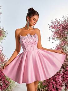 Lovelzi Elegant, Romantic, Dignified, Summer, Pink, Satin, Hot Rhinestone, Computer-Made Beads, Faux Pearls, Fishbone Waist, A-Line, Back Straps, Festival, Music Festival, Vacation, Date, Wedding Event, Dance, Cocktail Dress, Party Dress, Wedding Guest Dress, Prom Dress,Graduation,Graduation Dresses For Women,Back To School Dress - Pink - View 4