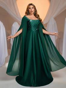 SHEIN Belle Váy dạ hội trang trọng đính đá pha lê cỡ lớn thanh lịch lãng mạn sang trọng màu xanh lá cây voan xếp nếp xòe dài tay chữ A dài chấm đất cổ vuông, váy dự tiệc cưới, váy dự tiệc - màu xanh lá - Xem 5