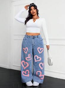 SHEIN EZwear Plus Size Heart Print Loose Denim Jeans - Light Wash - View 5