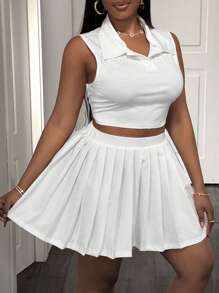 Slaydiva Set de 2 piezas 2025 Nueva temporada: Suéter informal clásico de cuello polo emparejado con falda plisada de ajuste ceñido de gran elasticidad, ropa de calle todo a juego para mujer, talla grande