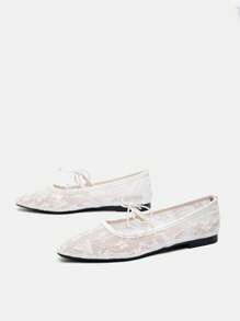 CUCCOO HITCHD Spring/Autumn 2025 New Arrival Wedding Style Mesh Mary Janes With Bow Decor, Solid Color Comfortable Casual Square Toe Flat Shoes, Versatile
