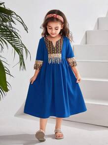 Vestido casual de vacaciones para niña con unicolor, estampado de flores diminutas y diseño de patchwork
