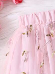 SHEIN Falda de tul rosa para niña preadolescente, con bordado floral 3D, elegante y versátil para uso diario, vacaciones, verano, viaje - Rosa - Ver 4