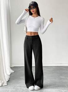 SHEIN PETITE Women's Striped Straight Loose Casual Pants, Versatile - Black - View 5
