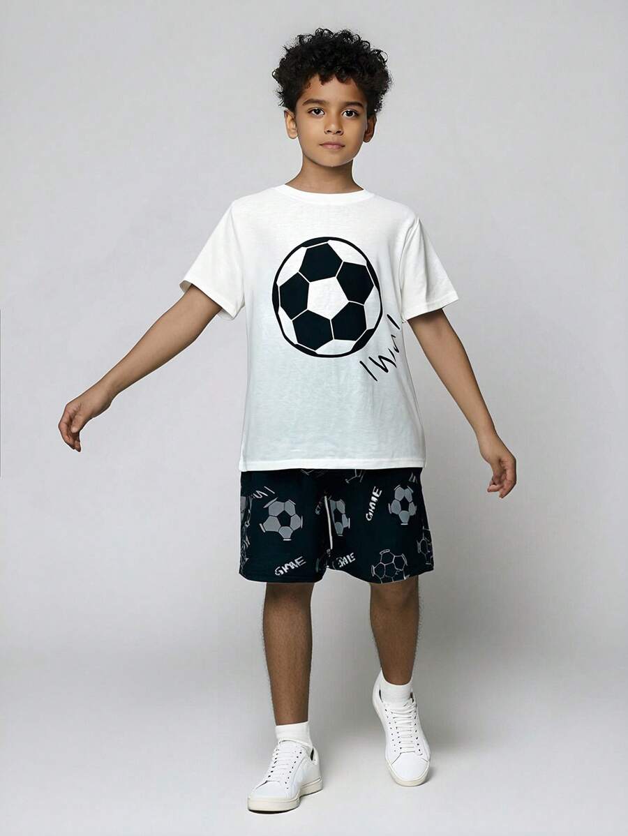 SHEIN Tween Boy Casual Minimalist Football Graphic Round Neck Short Sleeve Top And Shorts 2pcs Sleepwear Set, Loose Fit & Flame Retardant