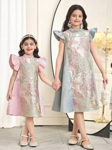 SHEIN Tween Girl Loose Elegant Jacquard Patchwork Ruffle Sleeve Round Neck A-Line Dress - Green - View 4