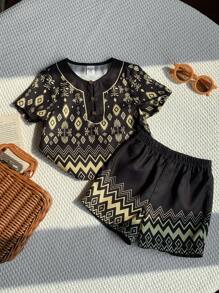 SHEIN 2pcs Set Baby Boys/Girls Traditional Pattern Round Neck Short Sleeve Pullover Top And Elastic Waist Shorts - Multicolor - View 4