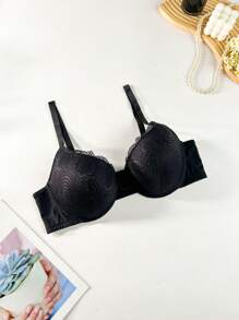 1pc Plus Size Lace Front Closure Underwire Lingerie Bra - Black - View 1