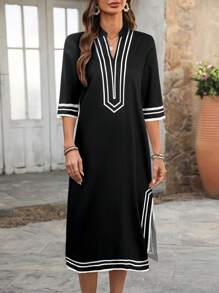 EMERY ROSE 女士长袖复古印花休闲连衣裙，时尚 - 黑色 - 查看 4