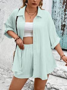 SHEIN Clasi Conjunto de 2 piezas de talla grande informal de unicolor con camisa de hombros caídos y pantalones cortos sueltos para vacaciones - verde menta - Ver 5