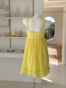 Comfortcana Women's Summer Vacation Casual Solid Color Spaghetti Strap Ruffle Mini Dress Sundress - Yellow - View 2