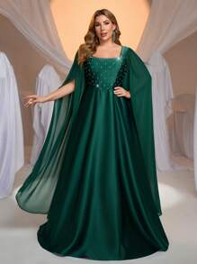 SHEIN Belle Váy dạ hội trang trọng đính đá pha lê cỡ lớn thanh lịch lãng mạn sang trọng màu xanh lá cây voan xếp nếp xòe dài tay chữ A dài chấm đất cổ vuông, váy dự tiệc cưới, váy dự tiệc - màu xanh lá - Xem 1