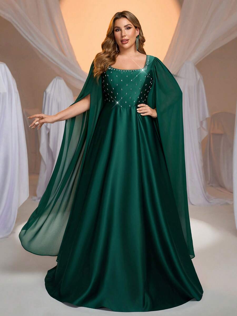 SHEIN Belle Váy dạ hội trang trọng đính đá pha lê cỡ lớn thanh lịch lãng mạn sang trọng màu xanh lá cây voan xếp nếp xòe dài tay chữ A dài chấm đất cổ vuông, váy dự tiệc cưới, váy dự tiệc - màu xanh lá - Xem 1