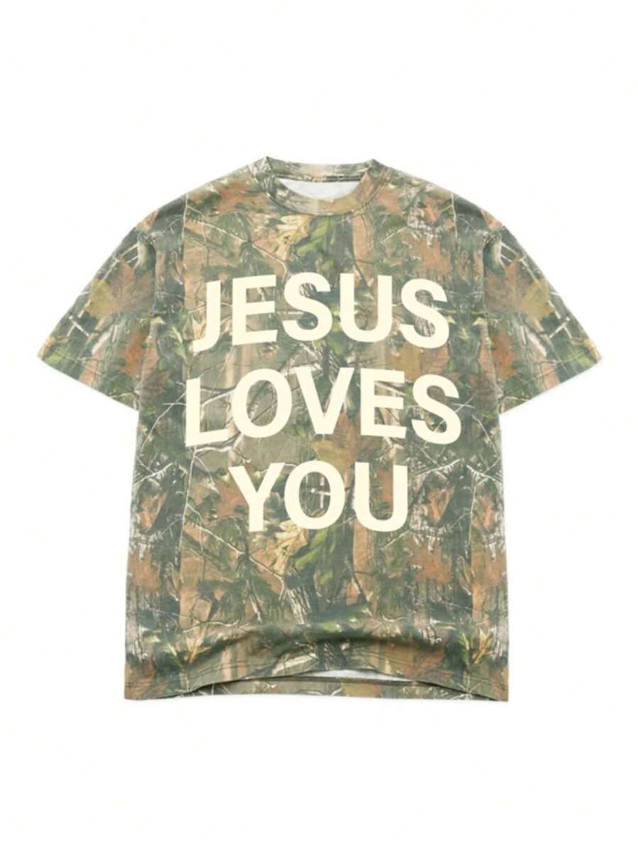 大码女式口号和树枝印花圆领短袖休闲 T 恤