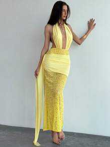 Aloruh Gelbes romantisches, sexy figurbetontes langes Kleid mit V-Ausschnitt und Spitze für Hochzeit, Date Night - Gelb - Übersicht 7