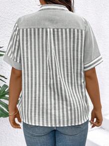 EMERY ROSE Plus Size Women Striped V-Neck Short Sleeve Casual Shirt - Grey - View 2