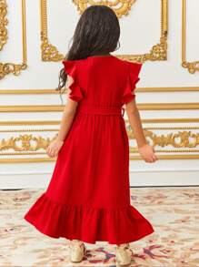 SHEIN Vestido midi con cuello en V, volantes y corte evasé para niña joven - Rojo - Ver 3