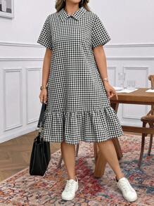 SHEIN LUNE Vestido casual de manga corta para mujer talla grande con cuello y volantes en el bajo a cuadros