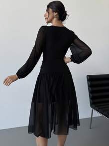 SHEIN Privé 女士优雅简约浪漫日常/工作珍珠装饰透明 A 字型中长黑色连衣裙，适合约会、开斋节、情人节 - 黑色 - 查看 8