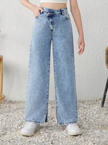 SHEIN بنطلون جينز واسع الساق مع خصر غير متماثل وهيم مشقوق من الحرير الطبيعي المغسول للفتيات المراهقات في موسم الربيع والصيف، ملابس صيفية للفتيات