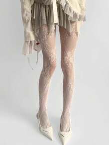 ROMWE Kawaii White Floral See-Through Fishnet Tights - White - View 3