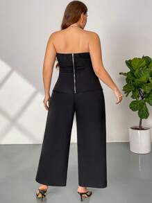 Firerie 2pcs/Set Plus Size Women Casual Elegant Ruched Waist Zipper Collar Blouse And Straight Leg Pants, Suitable For Work, Commute, And Vacation - Black - View 2