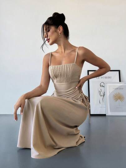 SHEIN Privé 女式卡其色收腰细肩带 A 字裙，适合情人节、音乐会、表演、约会、派对、婚礼季节、性感、优雅、通勤、返校、度假、海滩、浪漫