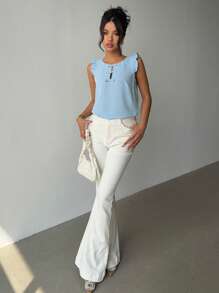 Chiquease Women Casual Solid Color Round Neck Cap Sleeve Bow Blouse, Spring/Summer