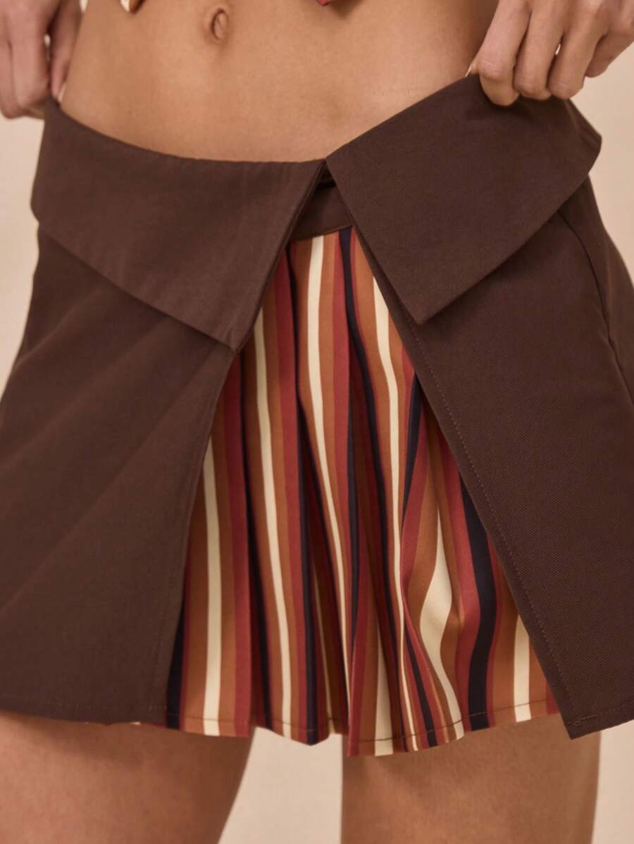 MUSERA Fold Over Waistband Layered Striped Pleated Miniskirt Only For Springs Summer
