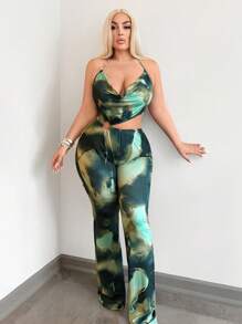 SHEIN SXY Plus Size Women Sexy  Streetwear Gyanu Y2K Bleach Print Plunge Neck Backless Waist Cutout Metallic Ring Romper, Suitable For Everyday Wear, Date Night, Birthday, Bachelorette Party Outfit, Elegant, Casual, Shopping, Streetwear, Going Out, , Easy To Match & Looks Slim, Accentuates Your Body, Flatters The Figure