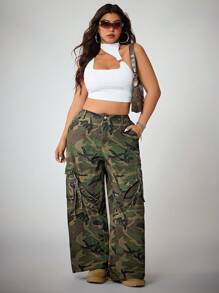 SHEIN ICON Plus Size Women's Casual Cargo Pants, Loose Fit Camo Print Trousers Summer Western Cowboy Style - Multicolor - View 2