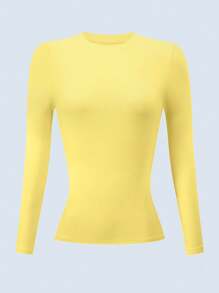 INAWLY Áo thun cổ tròn dài tay màu vàng nhạt cỡ lớn cho nữ - Màu vàng - Xem 3