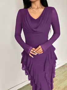 Modelyn Elastic Mesh Ruffled Collar Bodycon Dress For Women, Elegant Spring/Summer - Red Violet - View 6