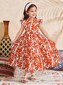 SHEIN Vestido sin mangas para niña con cuello alto, dobladillo con volantes y estampado floral disperso de gasa