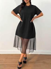 SHEIN EZwear Plus Size Women's Solid Color Round Neck Short Sleeve Spring/Summer Mesh Dress Flowy Dress - Black - View 1