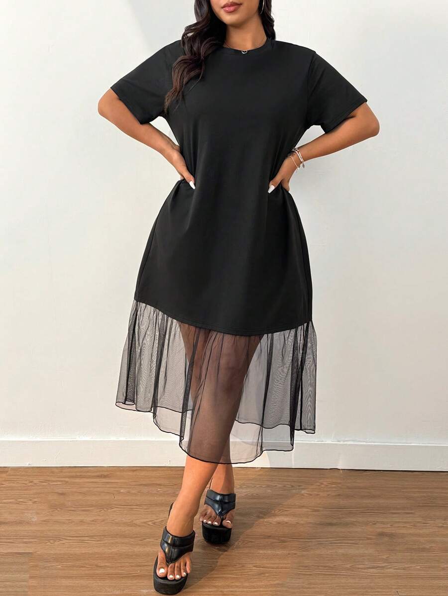 SHEIN EZwear Plus Size Women's Solid Color Round Neck Short Sleeve Spring/Summer Mesh Dress Flowy Dress - Black - View 1