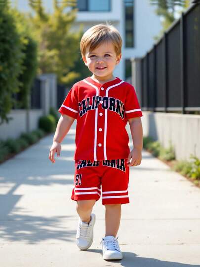 SHEIN Streecool Kids 2 件装年轻男孩运动休闲酷炫字母印花短袖夹克和短裤套装，适合夏季运动、校园场景