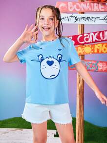 SHEIN X Care Bears Tween Girl 卡通爱心和熊图案休闲可爱短袖 T 恤，百搭，有紫色、粉色和蓝色可供选择 - 彩色 - 查看 6