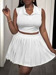 Slaydiva Set de 2 piezas 2025 Nueva temporada: Suéter informal clásico de cuello polo emparejado con falda plisada de ajuste ceñido de gran elasticidad, ropa de calle todo a juego para mujer, talla grande