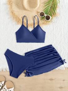 SHEIN Teen Girl Holiday Beach Solid Color Bikini Set With Cover-Up Skirt - Navy Blue - View 5