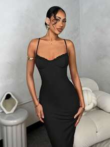 SHEIN BAE 女士纯色加长胸围撞色紧身网眼毕业季连衣裙