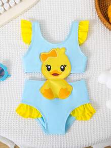 Baby Girls' Sleeveless High Waist Ruffle Trim One-Piece Swimsuit With Duck Print