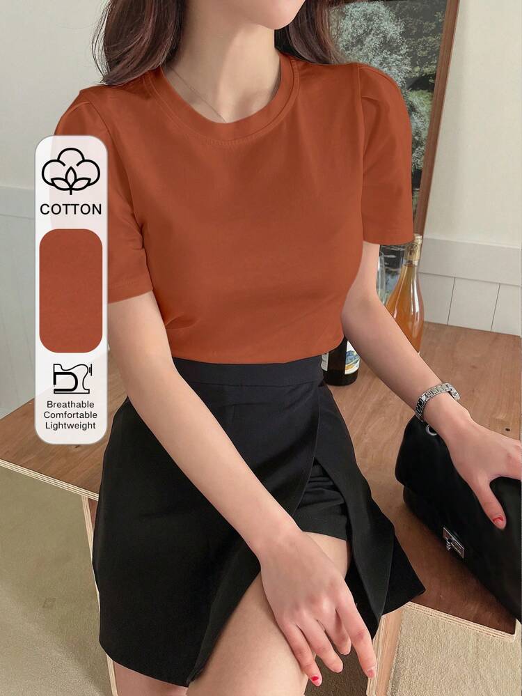 Women's Solid Color Puff Sleeve Short Sleeve T-Shirt,Crop Tops Women